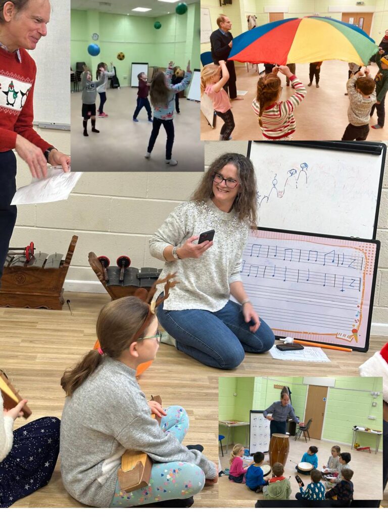 Children engage in a music and movement class, playing instruments, dancing with a parachute